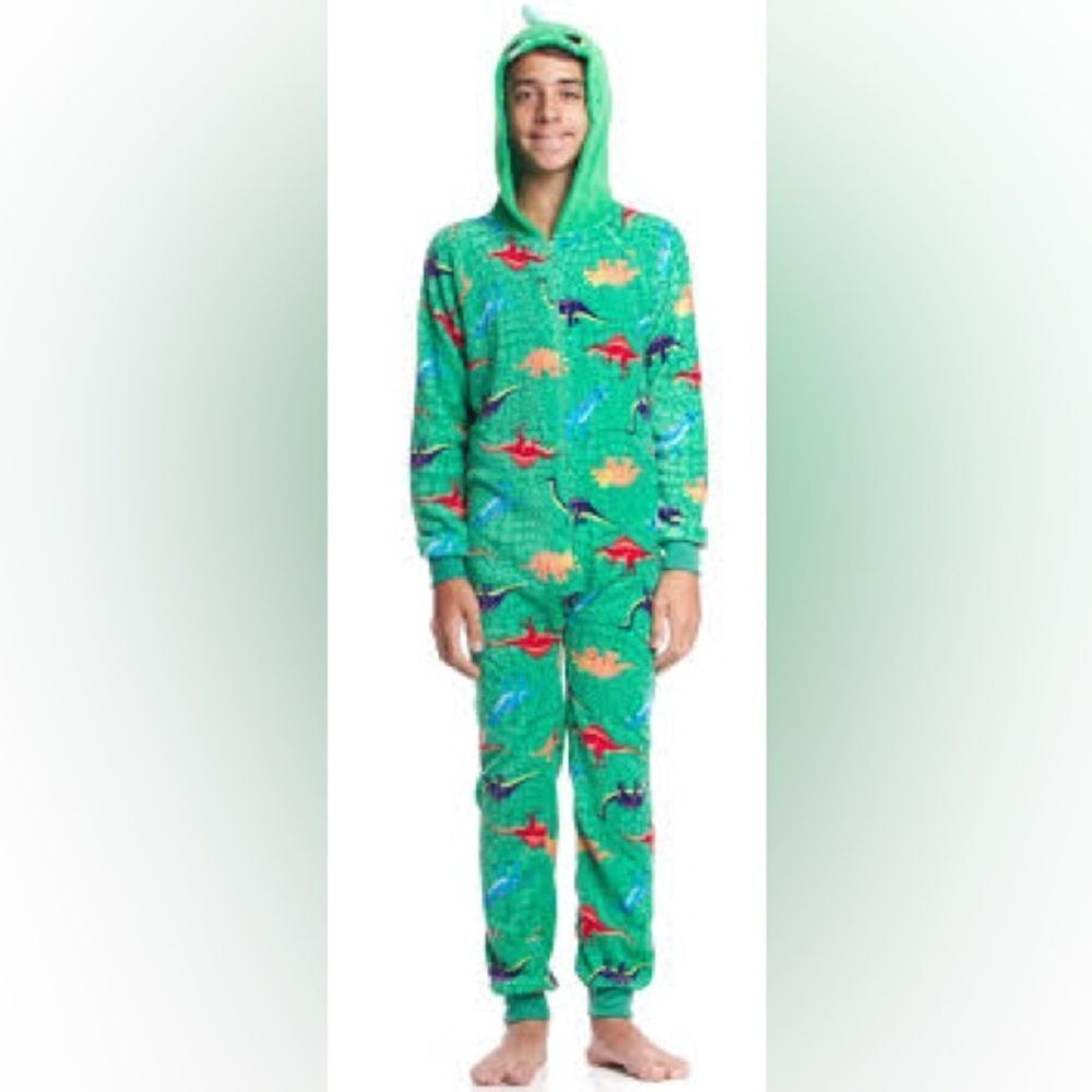 🔥Kids Green Dinosaur Pajamas plush hood onesie full zip Sz 7/8 New